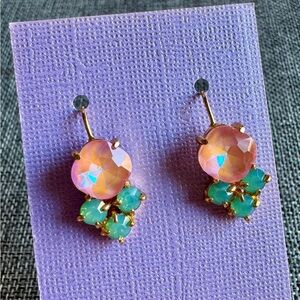 New Iridescent Peach & Aqua Faceted Crystals & Gold Tone Earrings - 1.20”